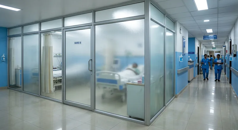 Hospital ward partition system at Chalakudy, frosted glass and aluminium