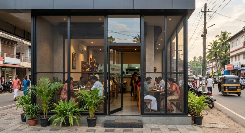 Aluminium and glass storefront at a Kunnamkulam restaurant