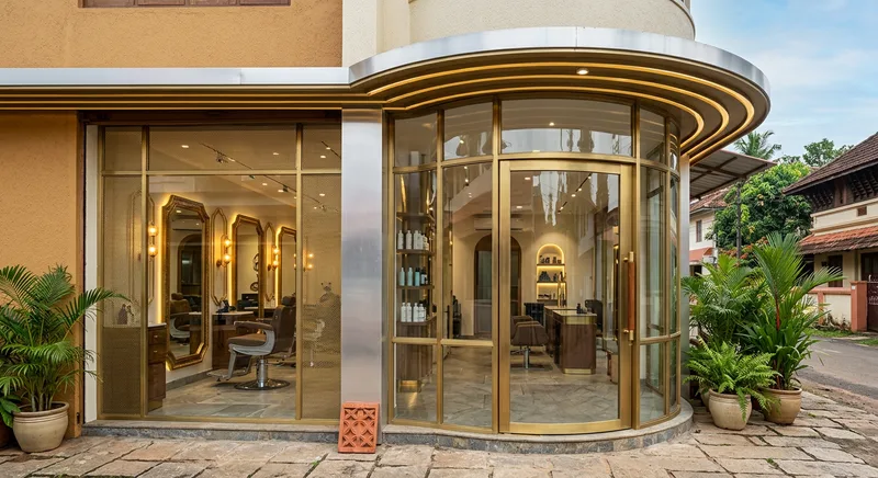 Curved aluminium and glass salon storefront at Irinjalakuda