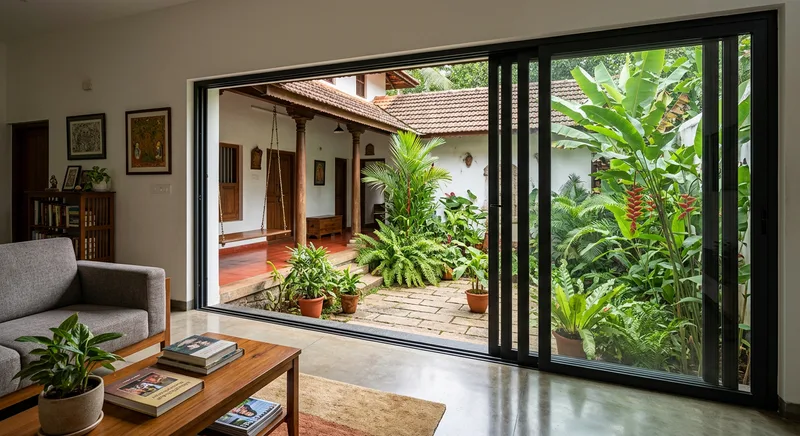 Three track aluminium sliding door at an Ollur villa living room