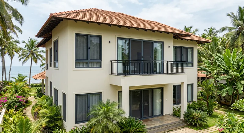 Pleated mosquito net system on aluminium windows of a Kodungallur villa
