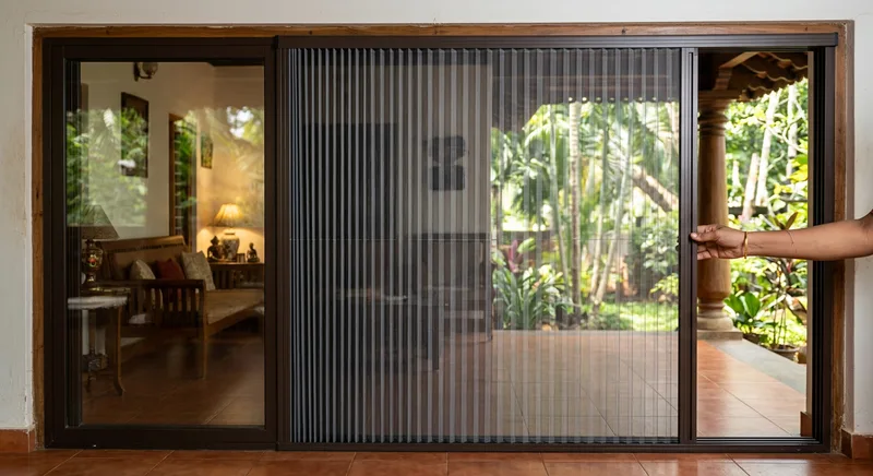 Pleated mosquito net system fitted on an aluminium sliding door at a Thrissur home